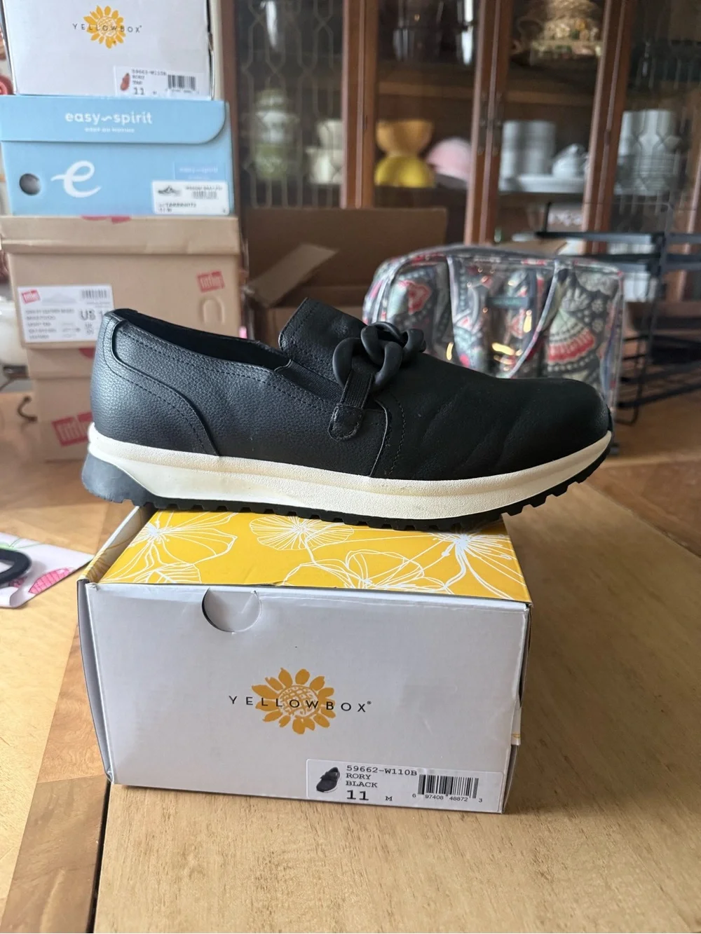 Yellow Box Black Slip-On Sneaker with Chain Accent and White Midsole